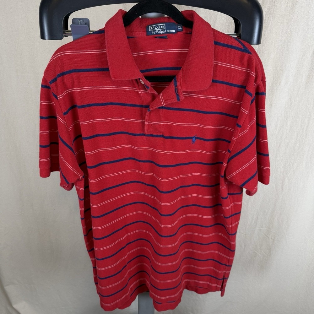 Polo Ralph Lauren Men's Polo Shirt XL Red W/ Blue Stripe Short Sleeve Classic